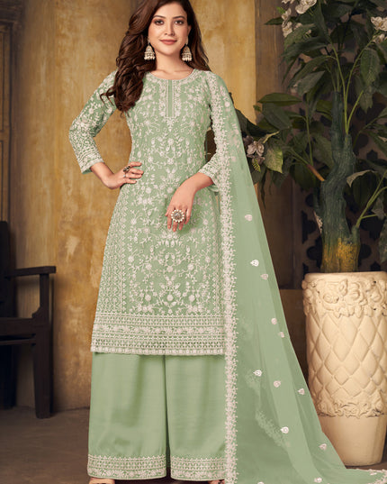 Impeccable Mint Green Net Embroidered Designer Palazzo Kameez
