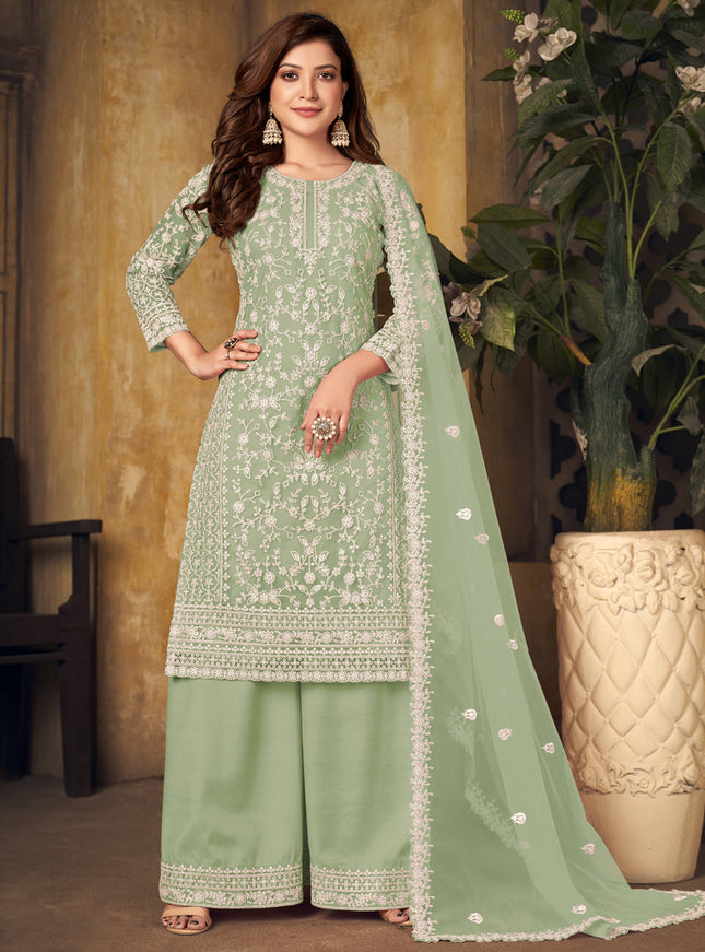 Impeccable Mint Green Net Embroidered Designer Palazzo Kameez