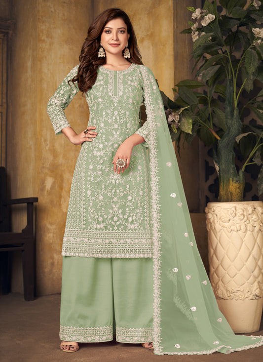Impeccable Mint Green Net Embroidered Designer Palazzo Kameez