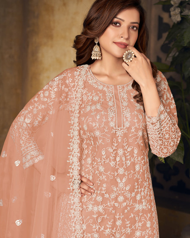 Incredible Peach Net Embroidered Designer Palazzo Kameez