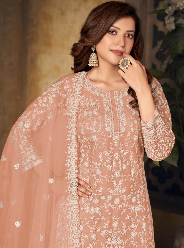 Incredible Peach Net Embroidered Designer Palazzo Kameez