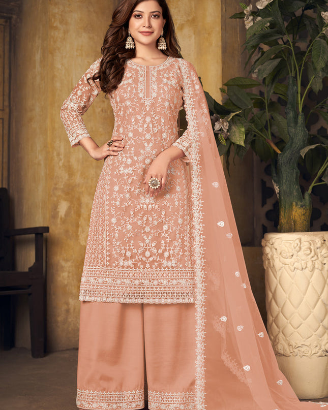 Incredible Peach Net Embroidered Designer Palazzo Kameez