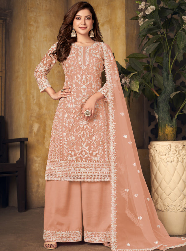 Incredible Peach Net Embroidered Designer Palazzo Kameez