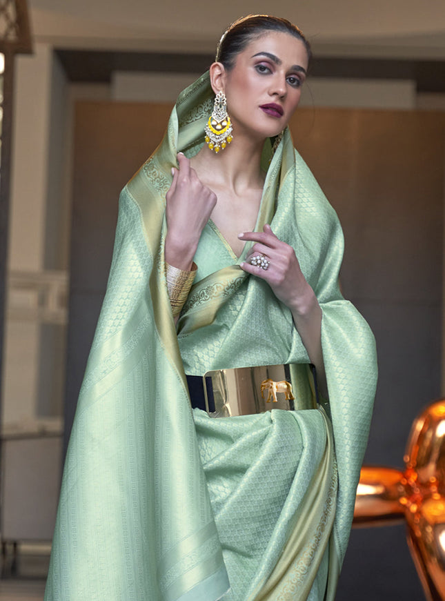 Mint Green Soft Silk Handloom Weaving Saree