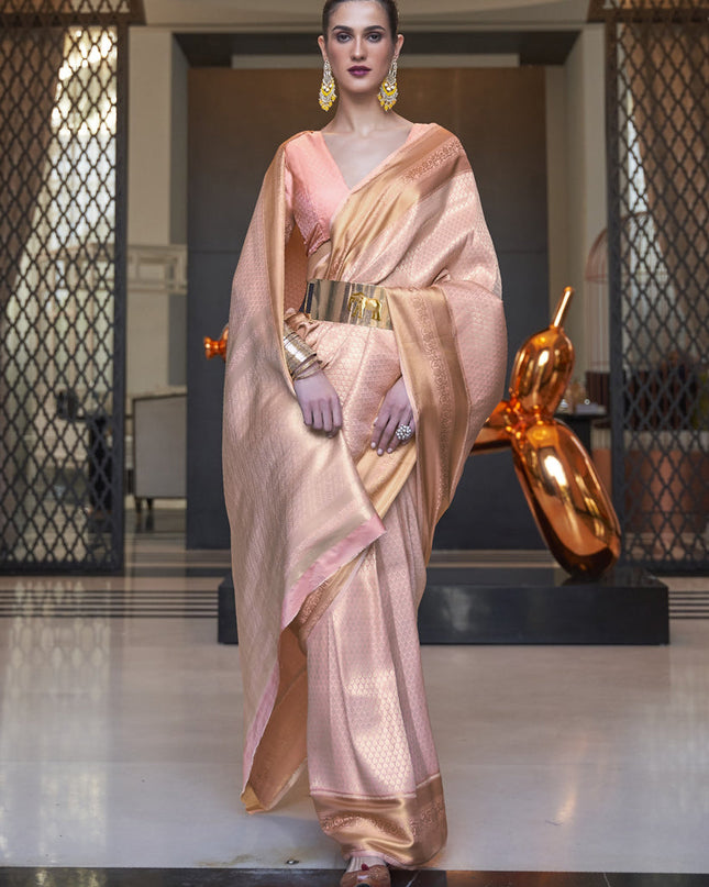 Peach Soft Silk Handloom Weaving Saree