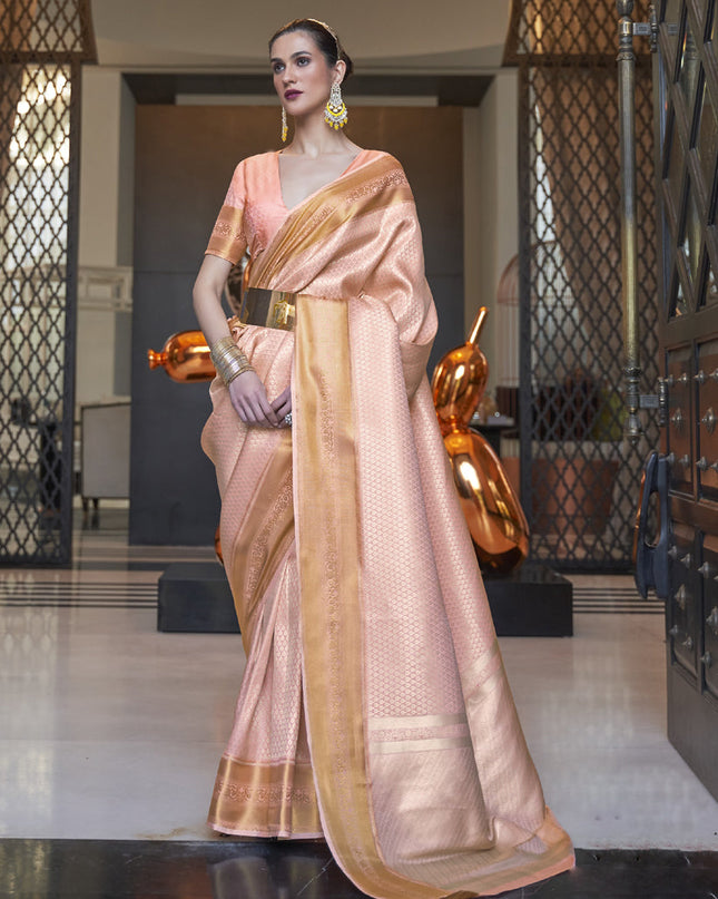 Peach Soft Silk Handloom Weaving Saree