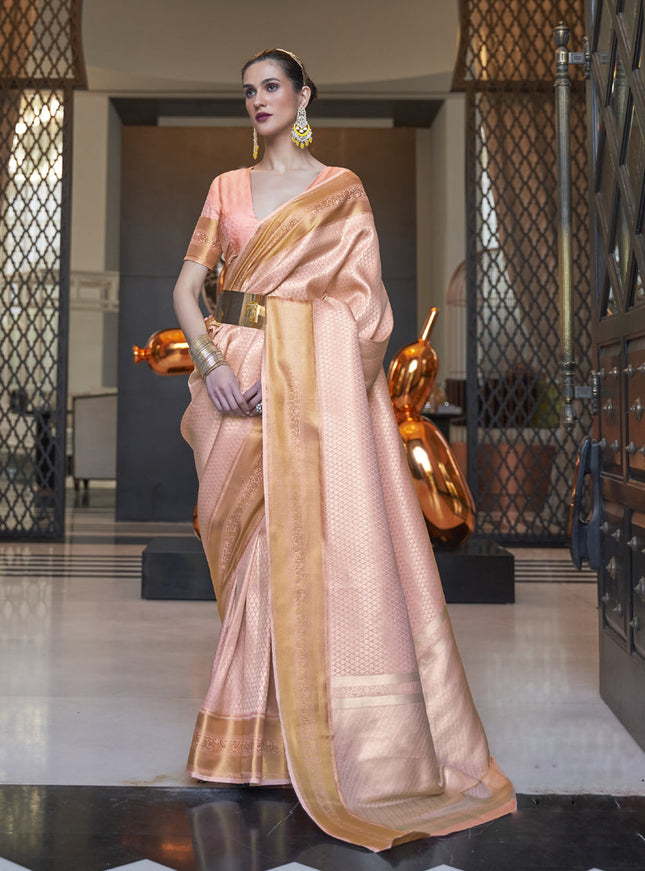 Peach Soft Silk Handloom Weaving Saree