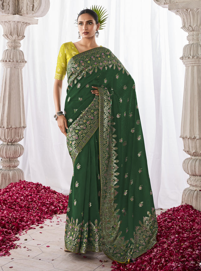 Forest Green Kora Silk Meenakari Pallu Saree