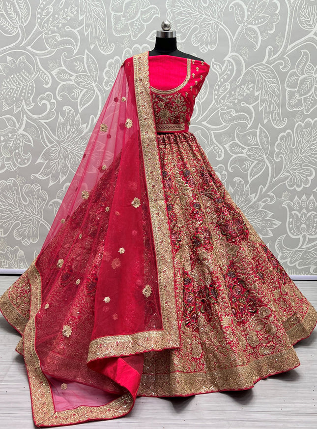 Raspberry Pink Silk Embroidered Bridal Lehenga Choli