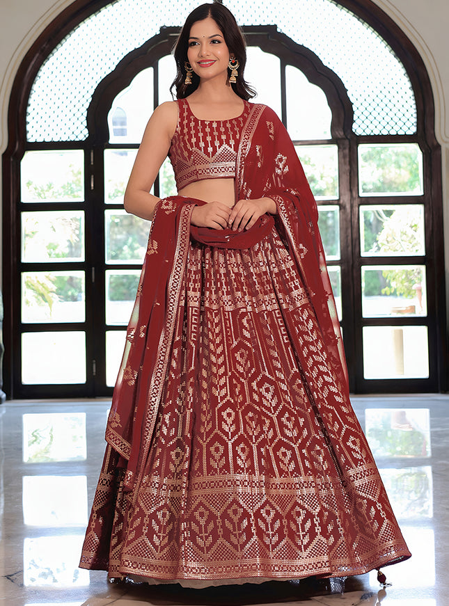 Sophisticated Maroon Embroidered & Heavy Sequins Lehenga Choli Set