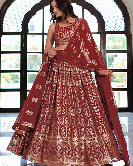 Sophisticated Maroon Embroidered & Heavy Sequins Lehenga Choli Set