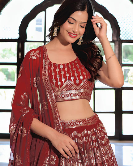 Sophisticated Maroon Embroidered & Heavy Sequins Lehenga Choli Set