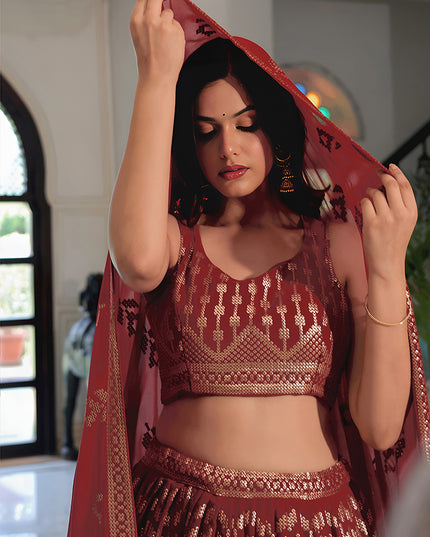 Sophisticated Maroon Embroidered & Heavy Sequins Lehenga Choli Set