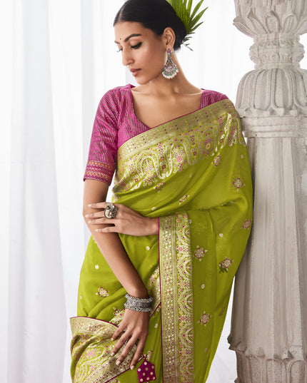 Parrot Green Kora Silk Meenakari Pallu Saree