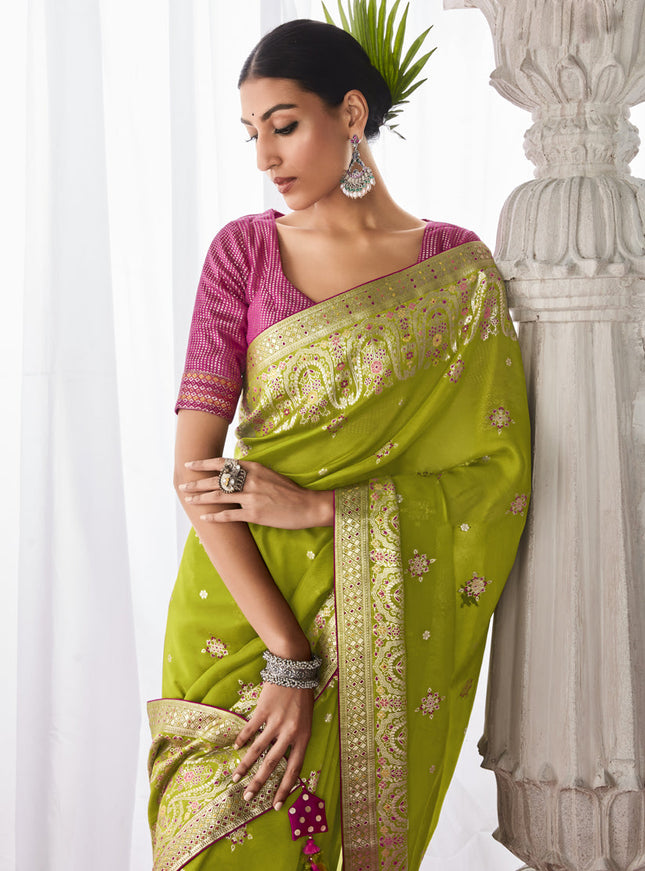 Parrot Green Kora Silk Meenakari Pallu Saree