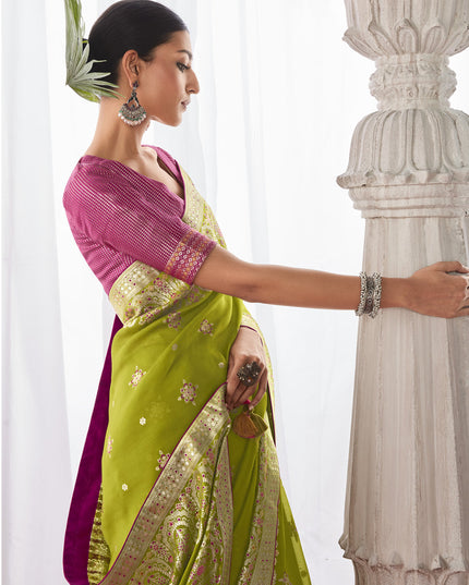 Parrot Green Kora Silk Meenakari Pallu Saree