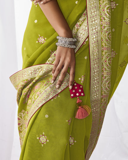 Parrot Green Kora Silk Meenakari Pallu Saree