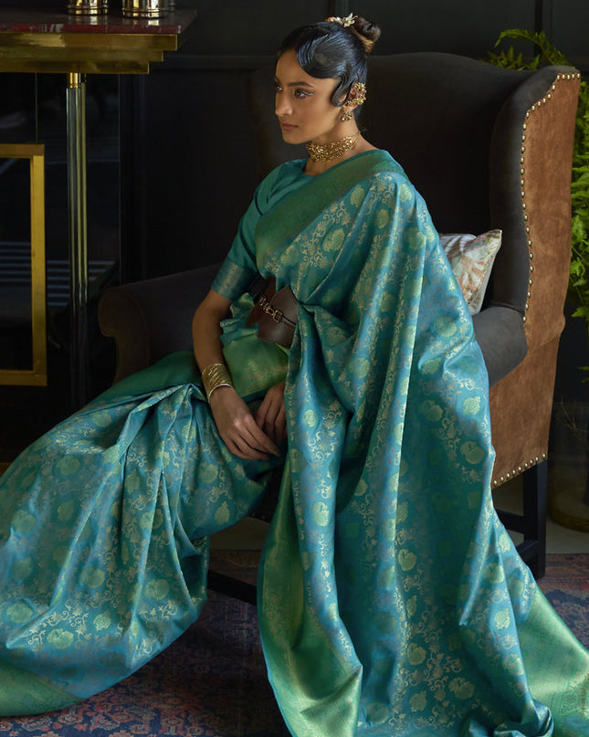 Azure Blue Chhaap Silk Handloom Weaving Saree