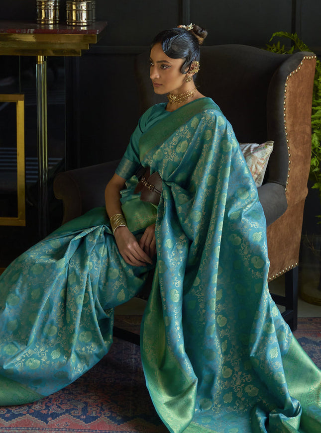 Azure Blue Chhaap Silk Handloom Weaving Saree