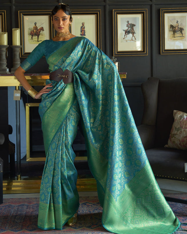 Azure Blue Chhaap Silk Handloom Weaving Saree