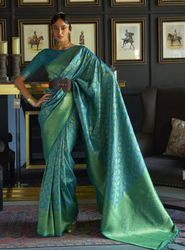 Azure Blue Chhaap Silk Handloom Weaving Saree