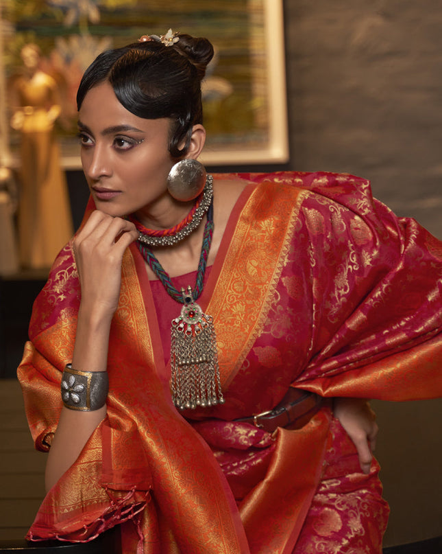 Gajari Pink Chhaap Silk Handloom Weaving Saree