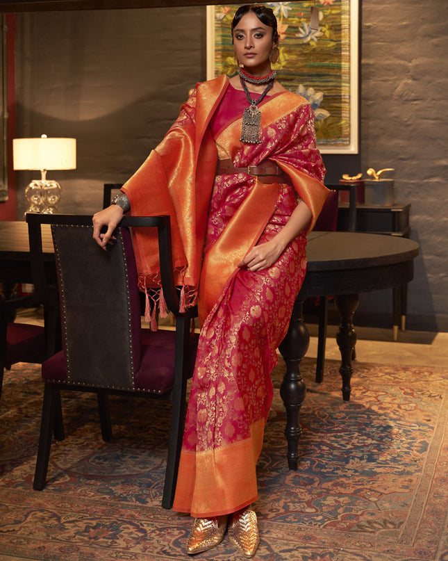 Gajari Pink Chhaap Silk Handloom Weaving Saree