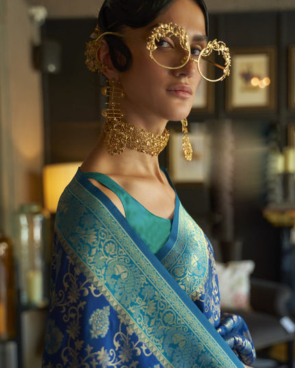 Royal Blue Chhaap Silk Handloom Weaving Saree