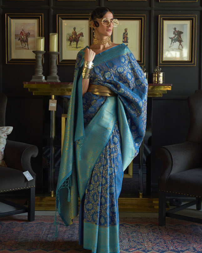 Royal Blue Chhaap Silk Handloom Weaving Saree