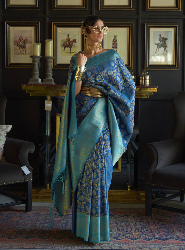 Royal Blue Chhaap Silk Handloom Weaving Saree