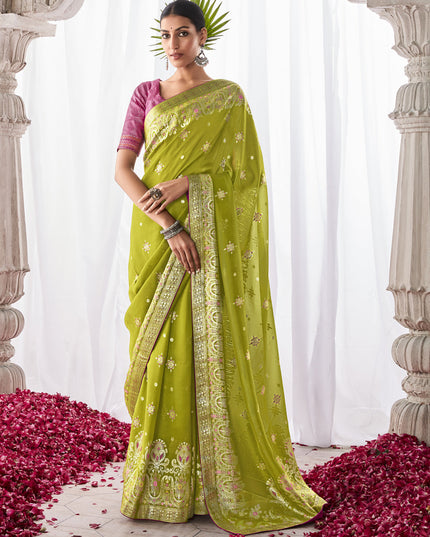 Parrot Green Kora Silk Meenakari Pallu Saree