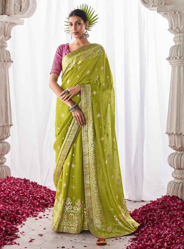 Parrot Green Kora Silk Meenakari Pallu Saree