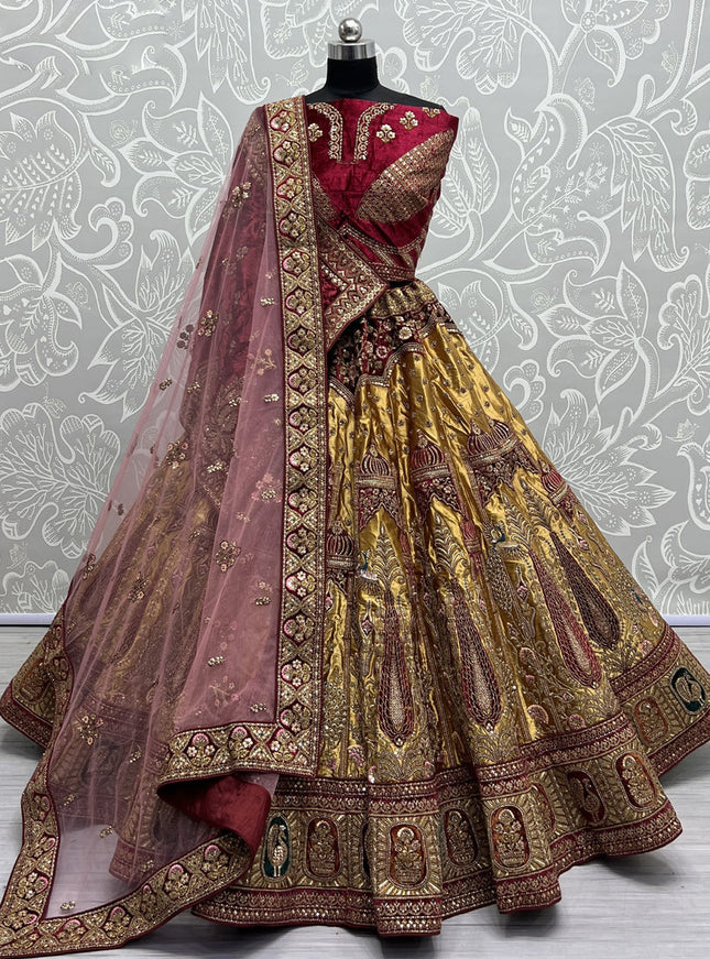 Mustard Yellow Brocade Silk Heavy Designer Lehenga Choli Set