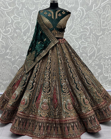 Bottle Green Velvet Heavy Designer Lehenga Choli Set