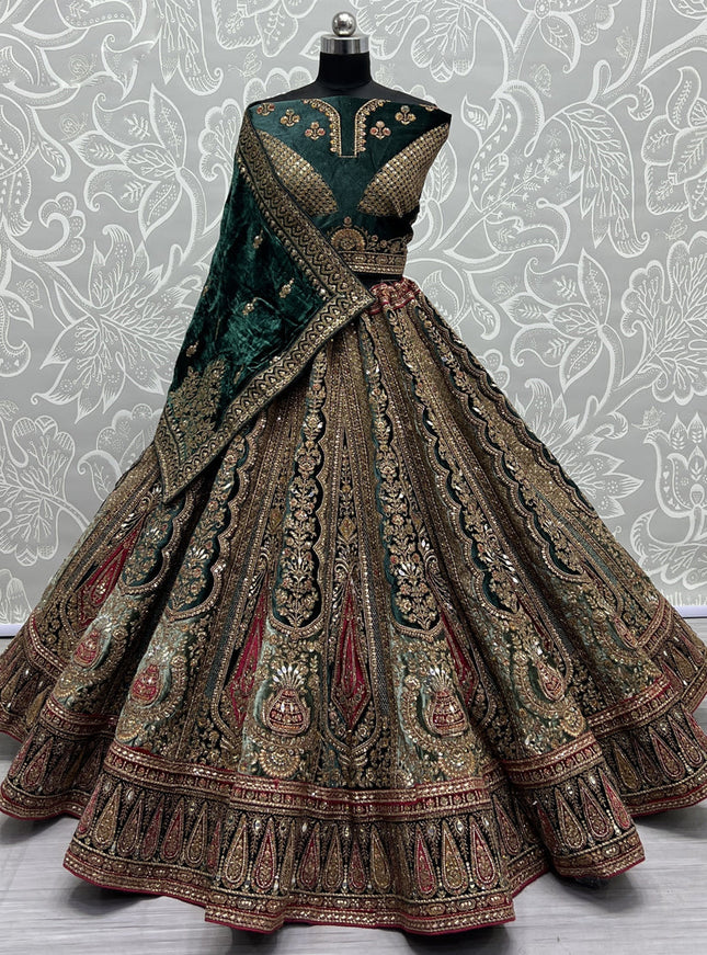 Bottle Green Velvet Heavy Designer Lehenga Choli Set
