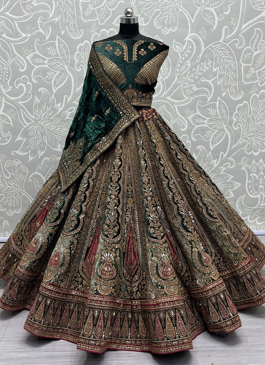 Bottle Green Velvet Heavy Designer Lehenga Choli Set