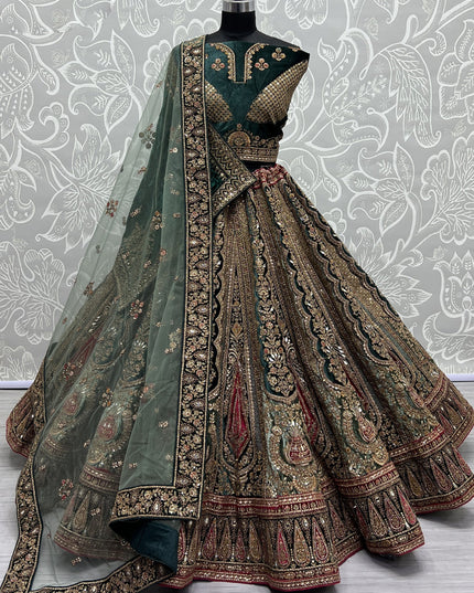 Bottle Green Velvet Heavy Designer Lehenga Choli Set