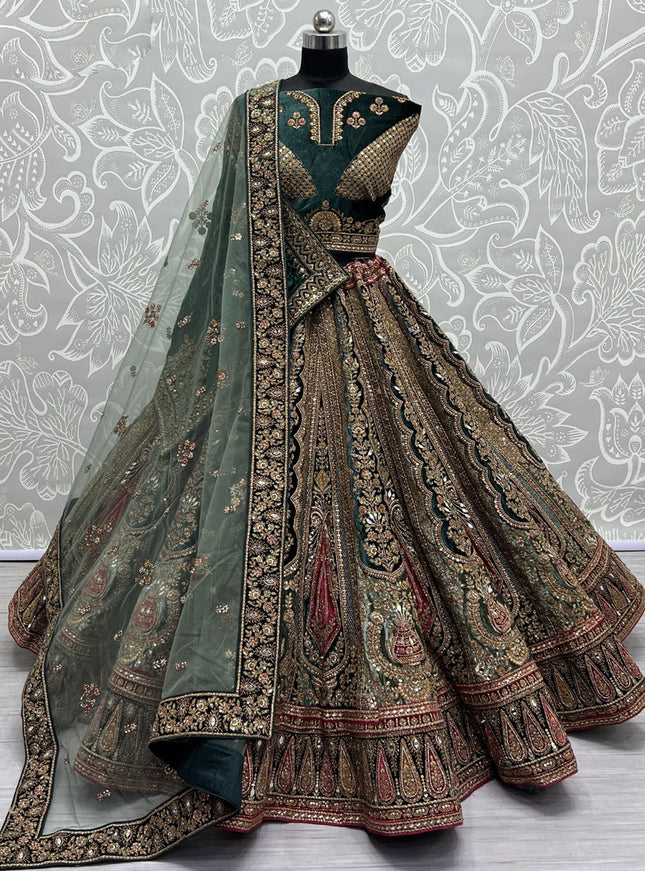 Bottle Green Velvet Heavy Designer Lehenga Choli Set