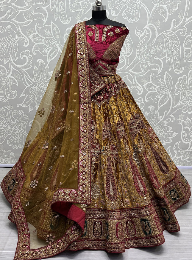 Mustard Yellow Velvet Heavy Designer Lehenga Choli Set