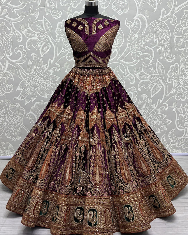 Purple Velvet Heavy Designer Lehenga Choli Set