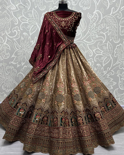 Beige Velvet Designer Lehenga Choli Set