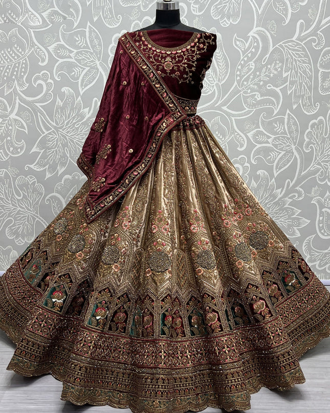 Beige Velvet Designer Lehenga Choli Set