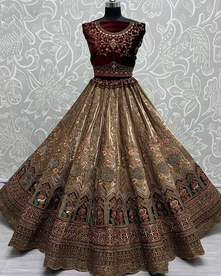 Beige Velvet Designer Lehenga Choli Set