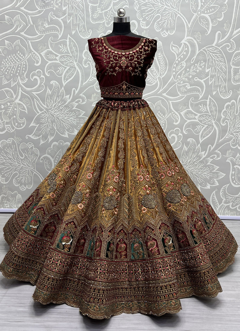 Mustard Yellow Velvet Designer Lehenga Choli Set