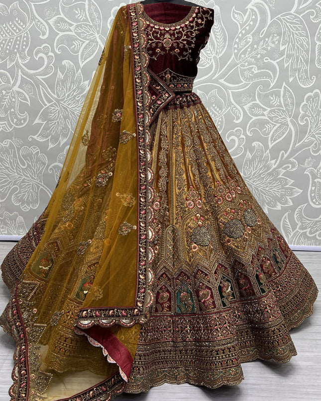 Mustard Yellow Velvet Designer Lehenga Choli Set