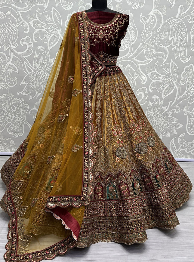 Mustard Yellow Velvet Designer Lehenga Choli Set