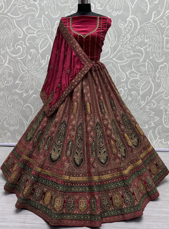 Raspberry Pink Velvet Designer Lehenga Choli Set