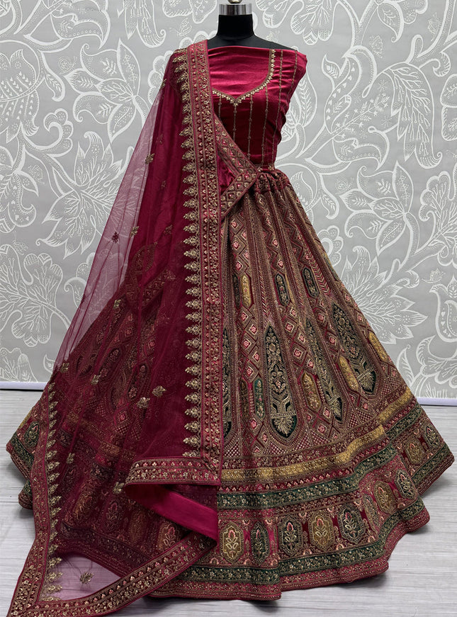 Raspberry Pink Velvet Designer Lehenga Choli Set