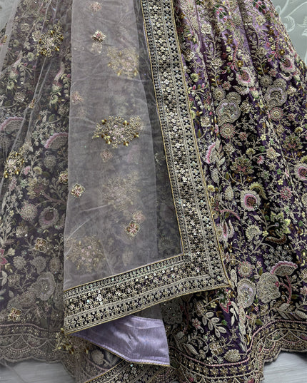 Purple Velvet Designer Lehenga Choli Set