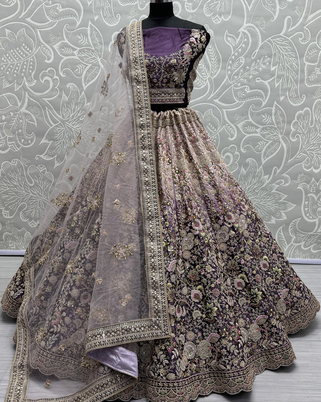 Purple Velvet Designer Lehenga Choli Set
